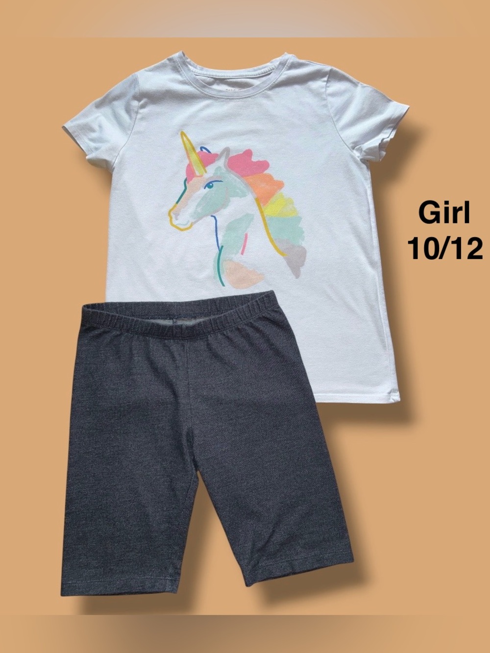 Girls Unicorn Graphic Tee & Faux Denim Bike Shorts Set size 10-12